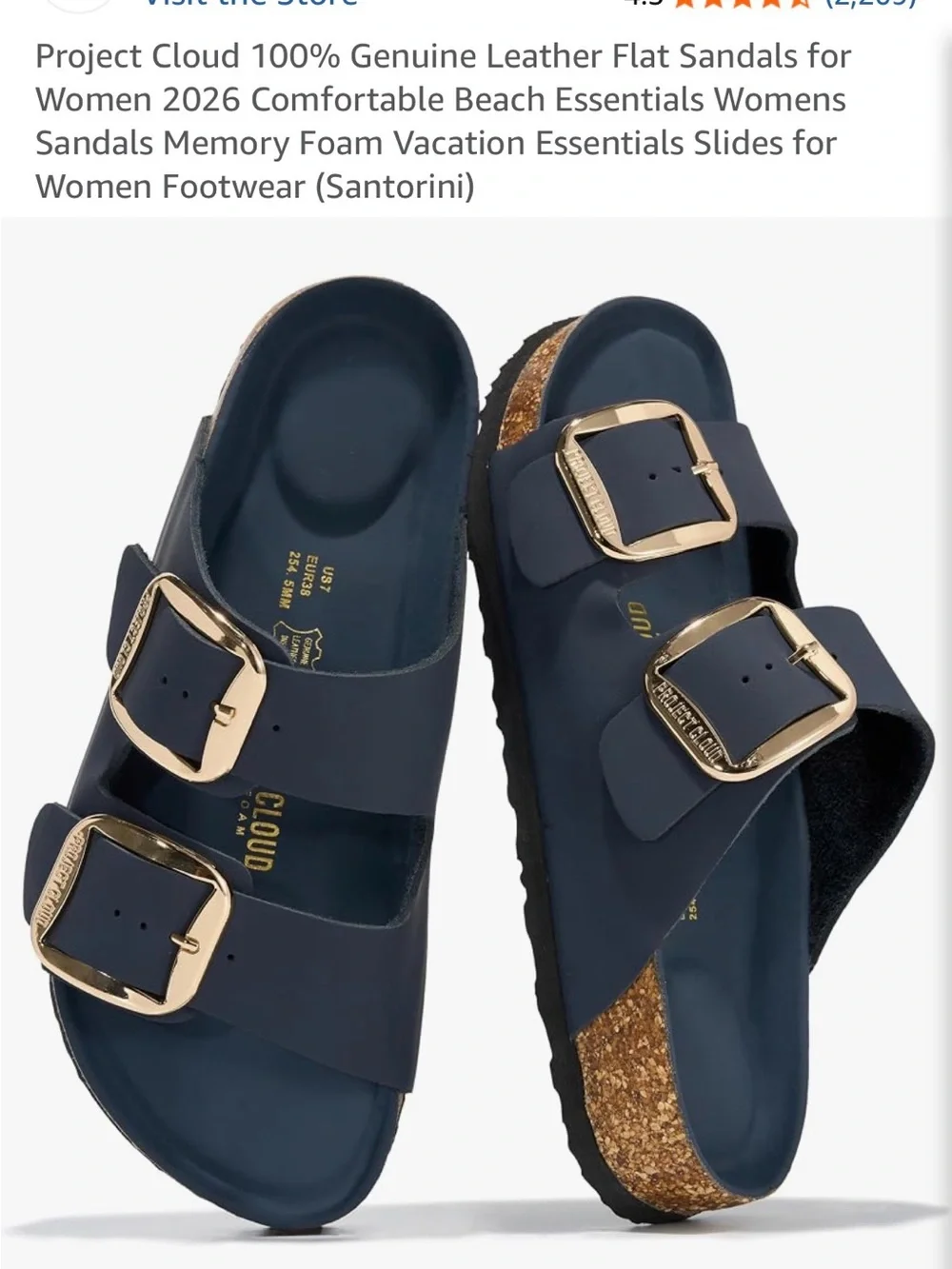 Comfort Cork Slide Sandals with Gold Buckles — Navy - Picture 1 of 3